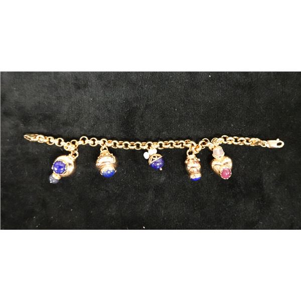 14K Gold Chain Charm Bracelet w/ Lapis, Ruby & Pearl Charms, 6.25" L