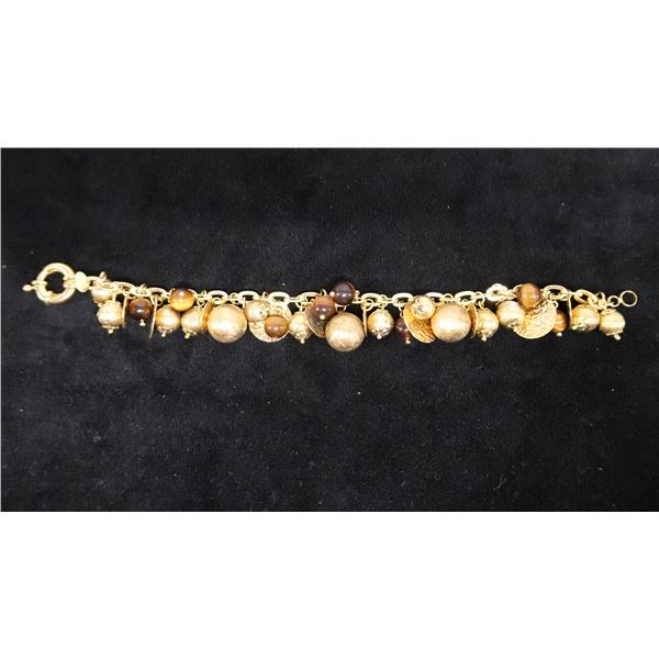 Metal Fashion Beaded Charm Bracelet Signed by R. L. Brazil, 8" L