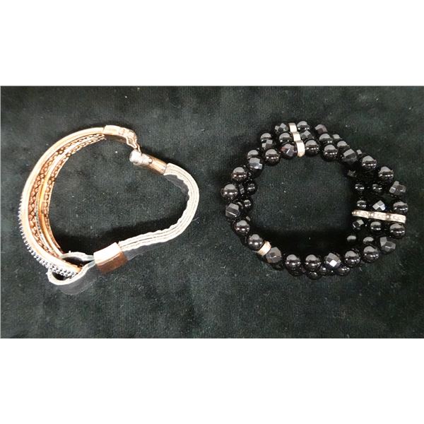 Qty 2 Bracelets: Triple Strand Stretch Black Onyx & Bronze w/ Leather Band, Misc Sizes