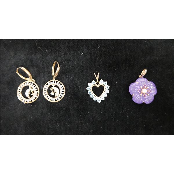 Pair Sterling Silver Moon Earrings, 14K Heart Pendant & 14K Gold w/ Jade & Pearl Charm, Misc Sizes