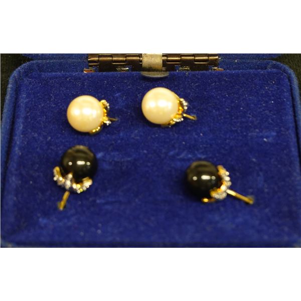 Qty 2 Pair Fashion Earrings: White & Black Pearl Studs, Misc Sizes