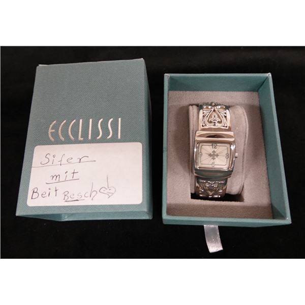 Ecclissi Sterling Silver Hinged Cuff Watch w/ Fleur-de-Lis Design