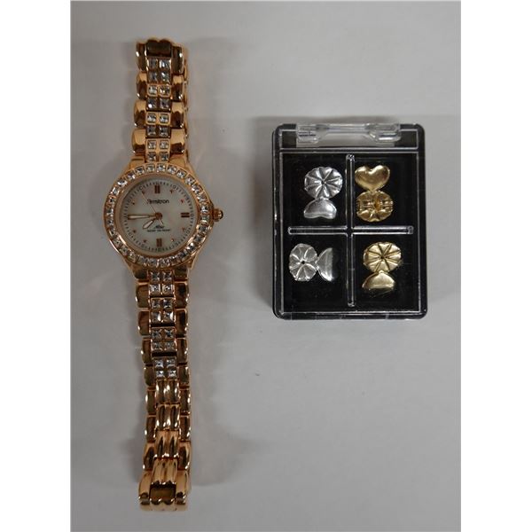 Armitron Watch w/ Metal Band & Set Earring Lifts