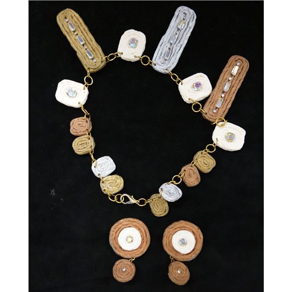 Metal Necklace & Earring Set w/ Coiled Fibers & Rectangular Beads, Misc Sizes