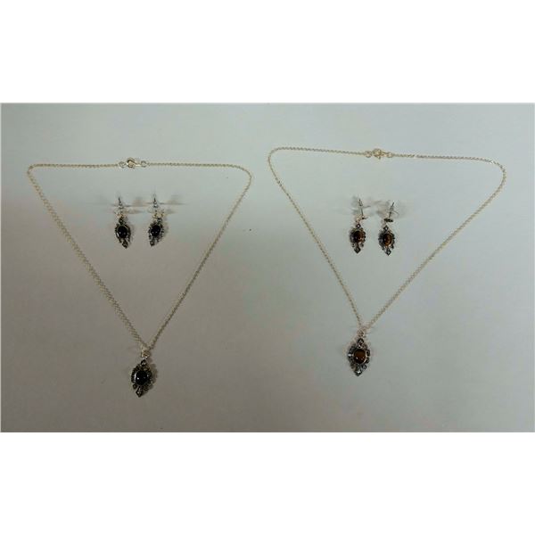 Qty 2 Metal Chain Necklace w/ Beaded Pendant & Matching Earrings Sets, Misc Sizes