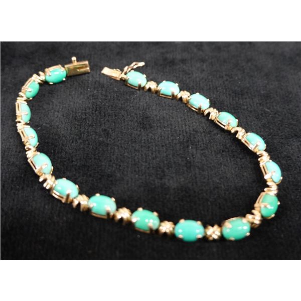 14K Link Bracelet w/ Turquoise Beads 8" L, 0.35 oz