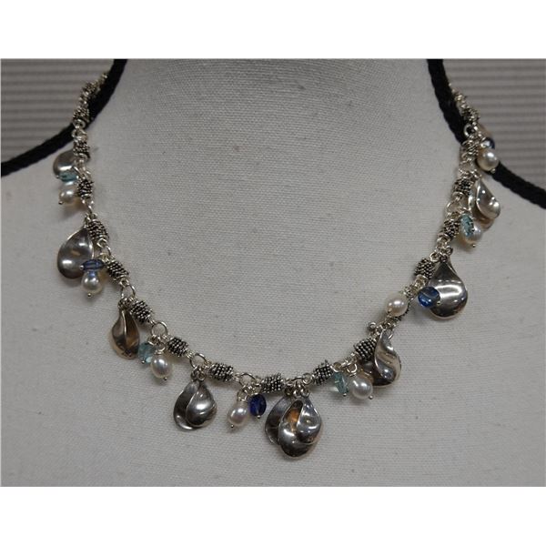 Metal Necklace w/ Teardrops, Pearls & Bead Accents, 18" L
