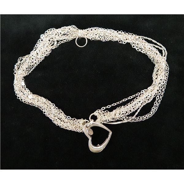 Sterling Silver 925 Multi-Strand Necklace w/ Heart Pendant, Made in Italy, 12" L