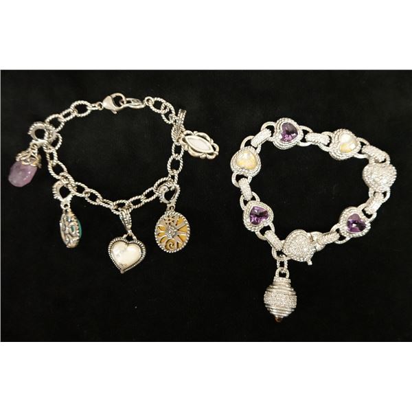 Qty 2 Sterling Silver 925 Bracelets w/ Charms & Bead Accents, 8.5" L