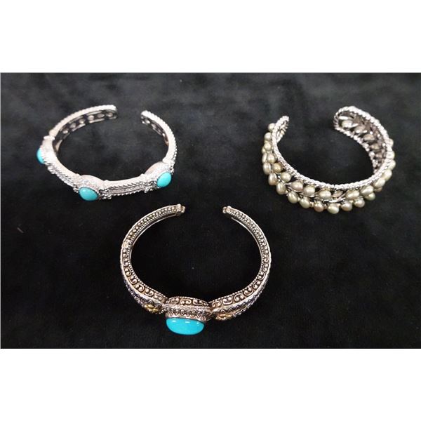 Qty 3 Sterling Silver 925 Cuff Bracelets w/ Turquoise Bead Accents, Approx. 3" Dia