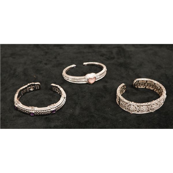 Qty 3 Sterling Silver 925 Cuff Bracelets w/ Filigree & Bead Accents, Approx. 3" Dia