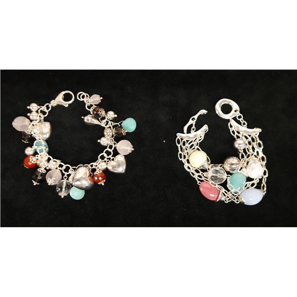 Qty 2 Sterling Silver 925 Bracelets w/ Bead Accents, 7.5" L