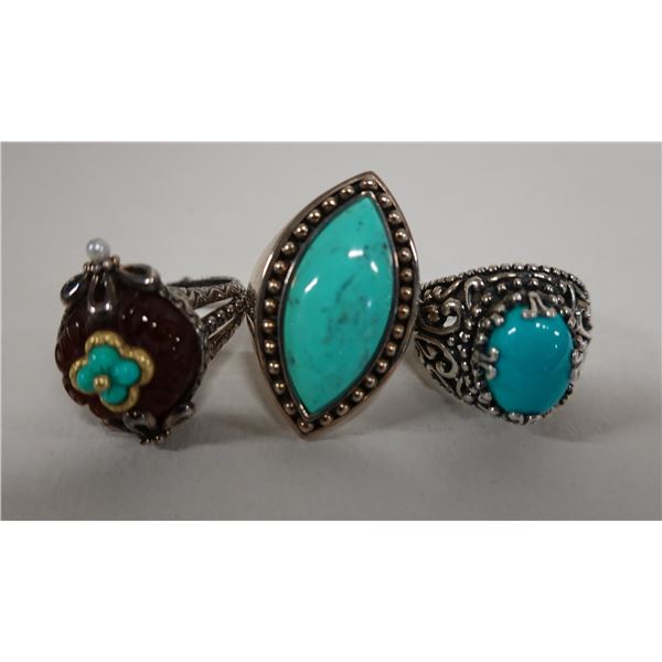 Qty 3 Fashion Rings w/ Turquoise Stones, Misc Styles & Sizes
