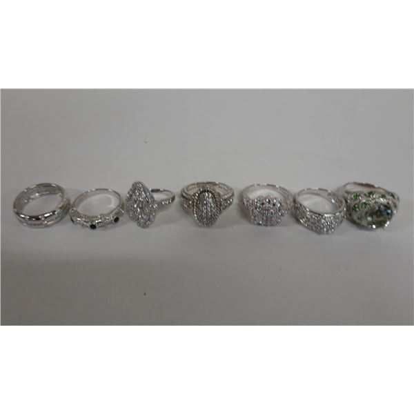 Qty 7 Fashion Rings w/ Clear Stone Accents, Misc Styles & Sizes