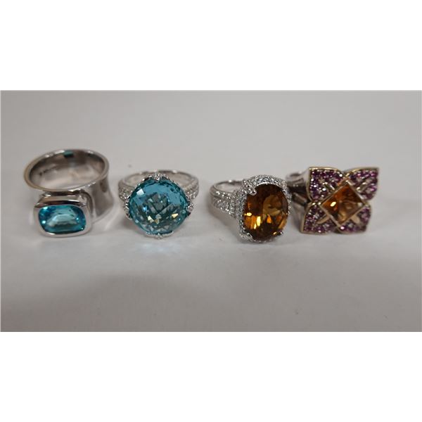 Qty 4 Fashion Rings w/ Clear Stone Accents, Misc Styles & Sizes