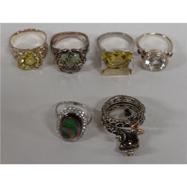 Qty 5 Fashion Rings w/ Clear Stone Accents, Misc Styles & Sizes