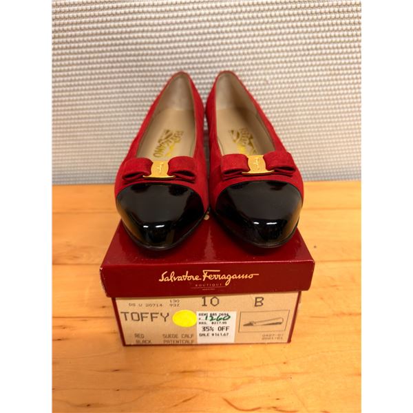 NEW Ferragamo Suede Patent Leather Flats, Red w/ Black, Sz 10B Retails $149 (heel needs repair)