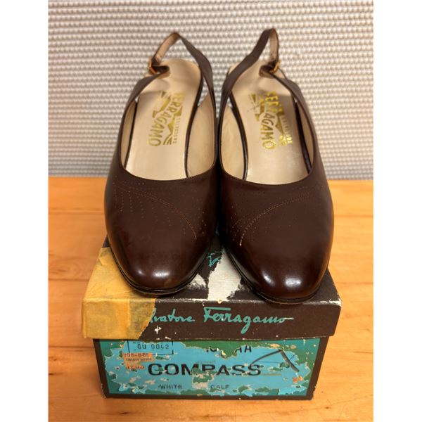 Used Ferragamo Brown Leather Slingback Pumps, Size 10