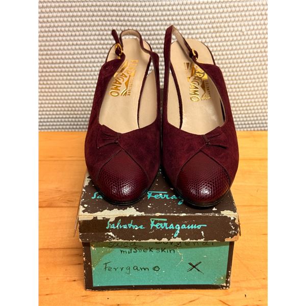 NEW Ferragamo Burgundy Suede Slingback Pumps, Size 10