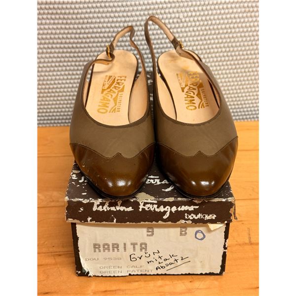 Used Ferragamo Brown Two-Tone Slingback Flats, Size 10