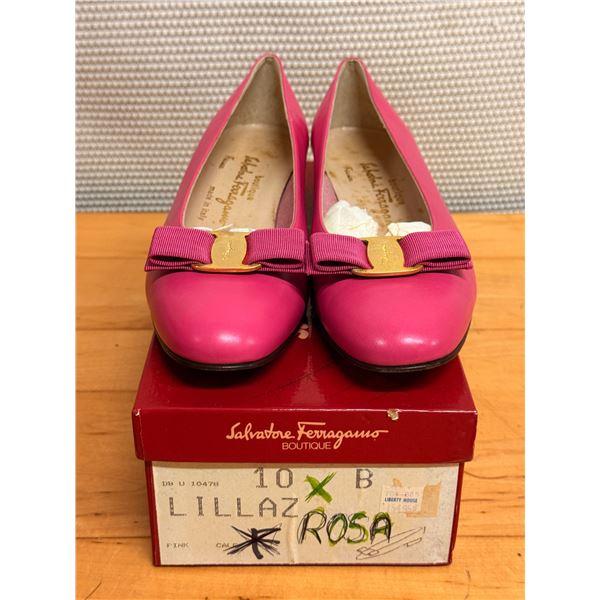 Used Ferragamo Pink Leather Vara Pumps, Size 10