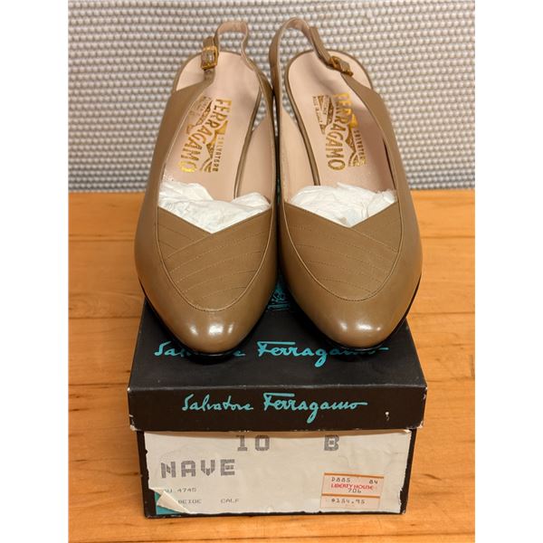 NEW Ferragamo Taupe Leather Slingback Pumps, Size 10