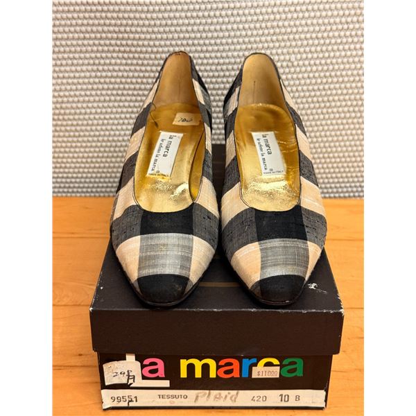 NEW La Marca Black & Taupe Plaid Pointed Flats, Size 10, Retail $110