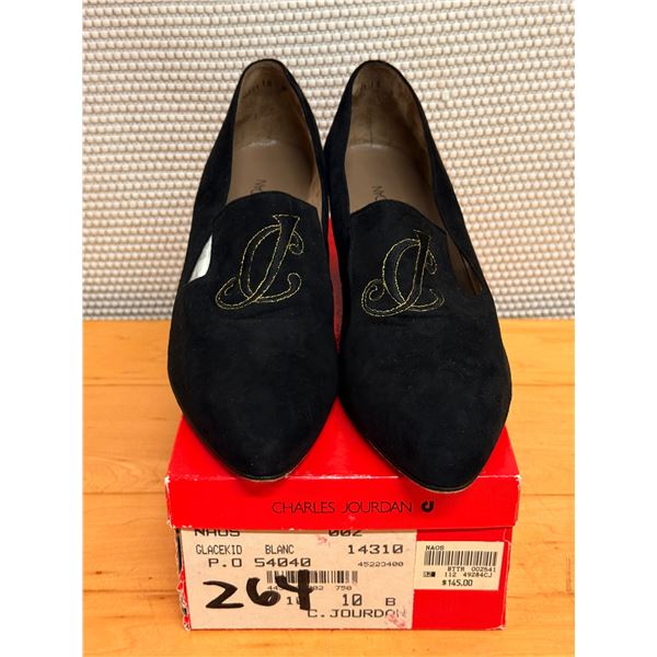 Used Charles Jourdan Black Suede Logo Loafers, Size 10
