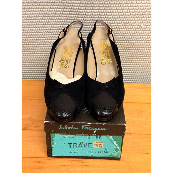NEW Ferragamo Black Suede Slingback Pumps, Size10, Retail $182