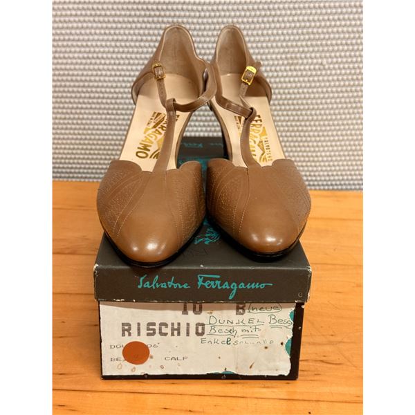 NEW Ferragamo Tan T-Strap Leather Pumps, Size 10