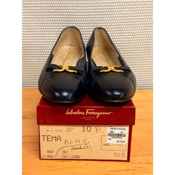 NEW Ferragamo Black Lizard-Print Gancini Flats, Size 10, Retail $170