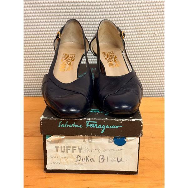 NEW Ferragamo Navy Leather Pumps w/ Ankle-Strap, Size 10