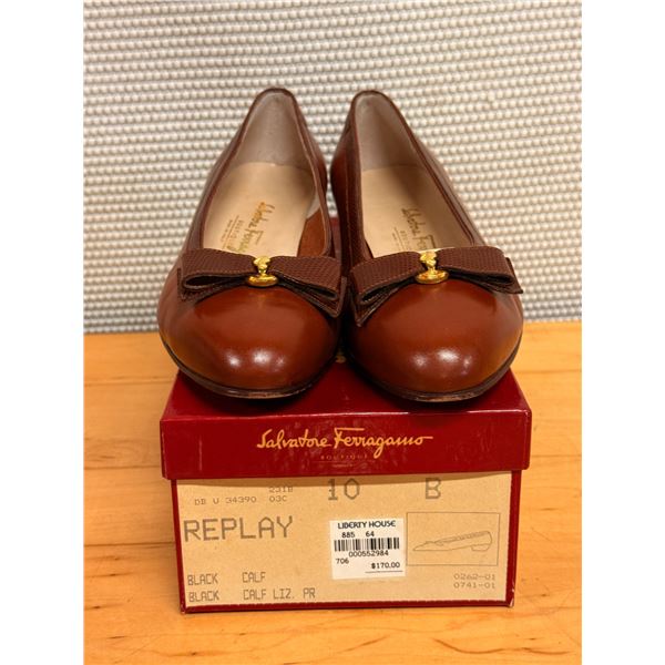Used Ferragamo Brown Leather Bow Pumps with Gold-Tone Hardware, Size 10, Retail $170
