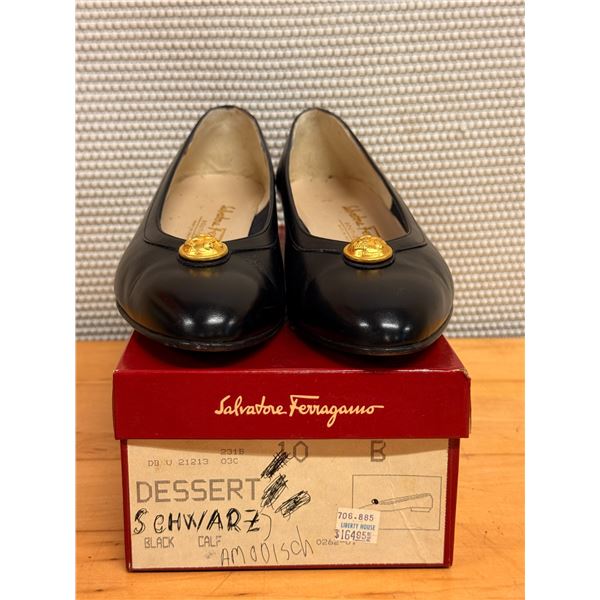 Used Ferragamo Black Leather Medallion Flats, Size 10, Retail $165