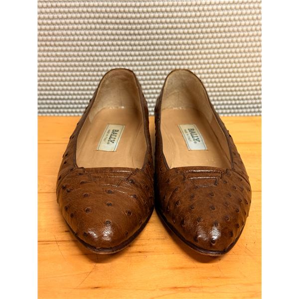 Used Bally Brown Ostrich-Embossed Leather Flats, Size 10