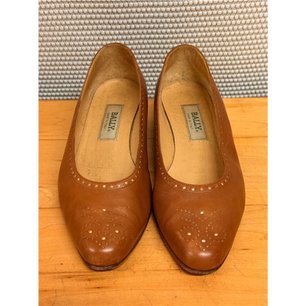 Used Bally Caramel Leather Perforated Flats, Size 10
