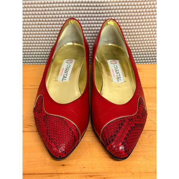 Used Chantal Red Leather & Snakeskin Pumps, Size 10