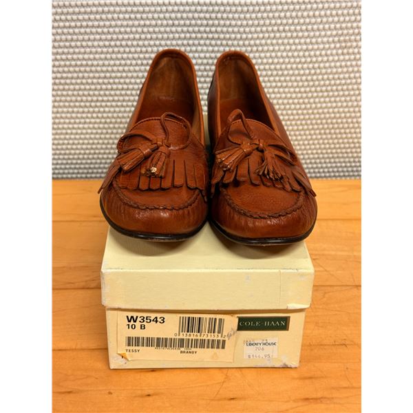 Used Brown Leather Tassel Moc Flats, Size 10