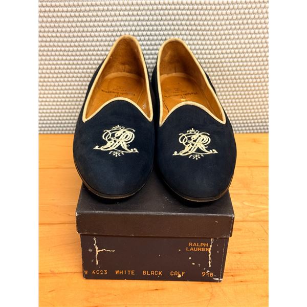 Used Ralph Lauren Navy Suede Monogram Loafers, Size 9.5B