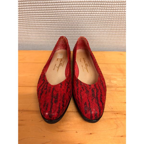 Used Ferragamo Red Snake-Embossed Leather Flats, Size 10