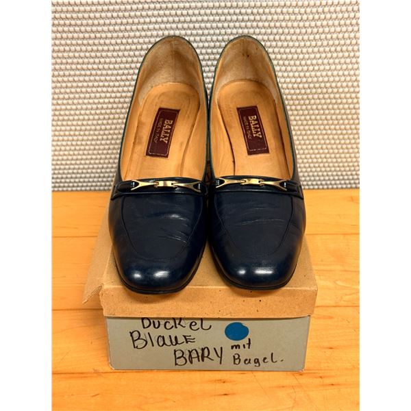 Used Bally Navy Leather Loafers with Gold-Tone Hardware, Size 8
