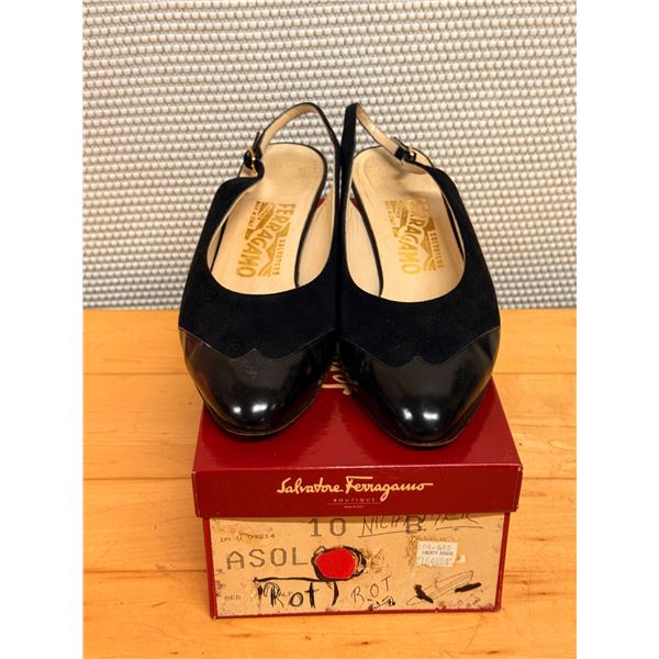 Used Ferragamo Black Suede & Patent Slingbacks, Size 10B