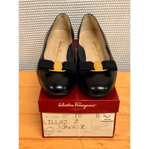 Used Ferragamo Black Calfskin “Lillaz” Bow Pumps, Size 10B