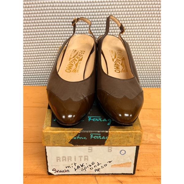 Used Ferragamo Brown Leather Slingback Shoes, Size 8B
