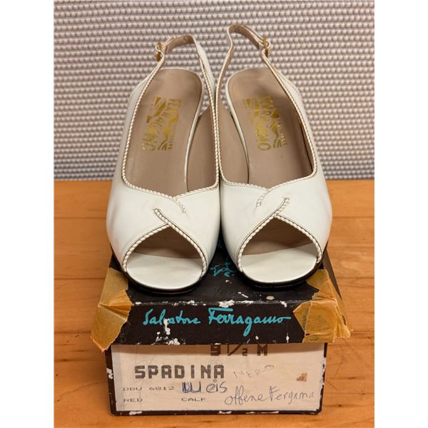 Used Ferragamo White Leather Peep-Toe Slingback Shoes, Size 9.5B