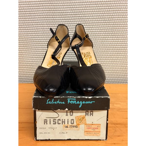 Used Ferragamo Black Leather T-Strap Pumps, Size 10A