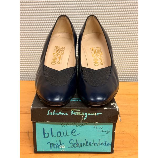 Used Ferragamo Navy Calf Leather Pumps w/ Embossed Detail, Size 10B