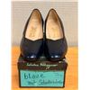 Image 1 : Used Ferragamo Navy Calf Leather Pumps w/ Embossed Detail, Size 10B
