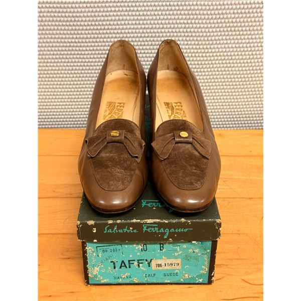 Used Ferragamo “Taffy” Havana Brown Calf & Suede Loafers, Size 10B