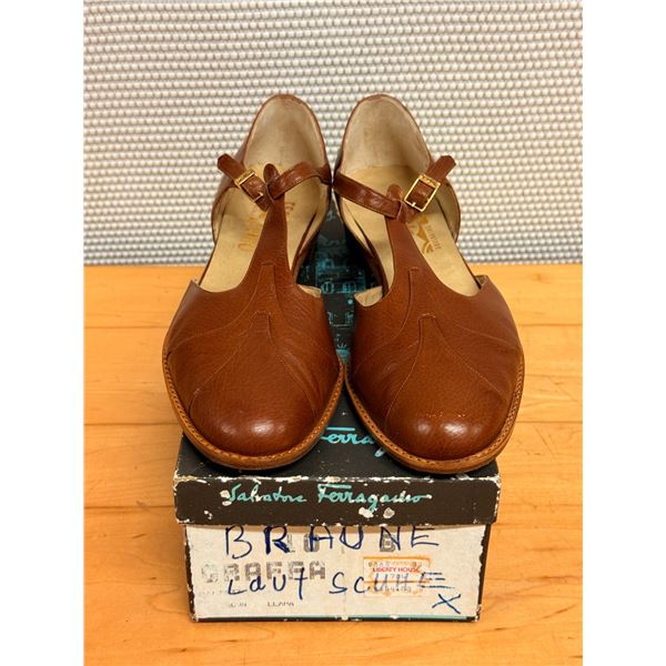 Used Ferragamo Brown Leather T-Strap Flats, Size 10B